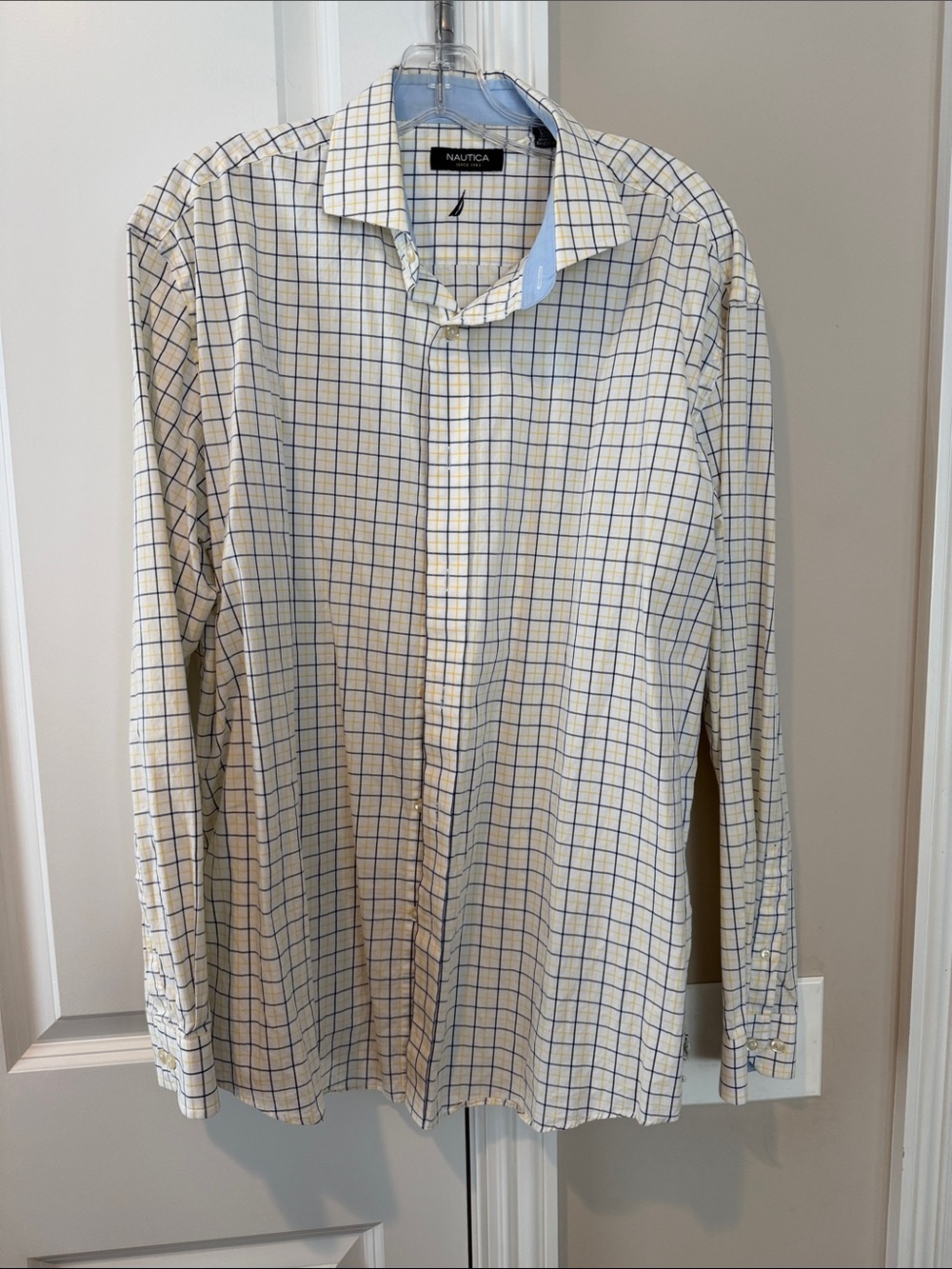 Nautica White Dress Shirt with Blue Windowpane Grid